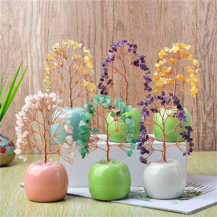 Albero di denaro in cristallo naturale con base in ceramica, decorazione ad albero della fortuna per ufficio e casa - Viola / Verde