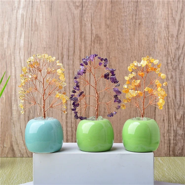 Albero di denaro in cristallo naturale con base in ceramica, decorazione ad albero della fortuna per ufficio e casa - Viola / Verde