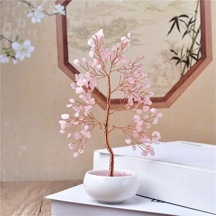 Rosenkristall-Geldbaum mit Keramikbasis für Heim- und Bürodekoration, Wohlstand und Glück, Bonsai-Ornament