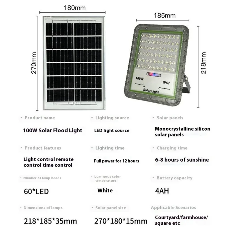 100W 60 LED Solar Powered Outdoor Floodlight Wide Angle Waterproof Garden Lamp