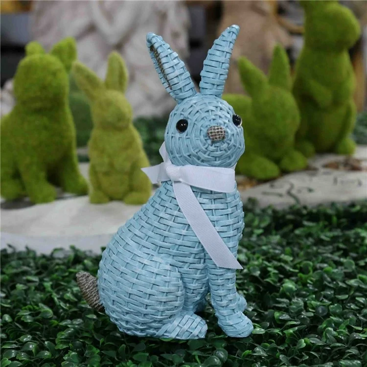 Rattan Effect Resin Rabbit with Bowknot Home Garden Children Room Ornament - Blue Sitting Position