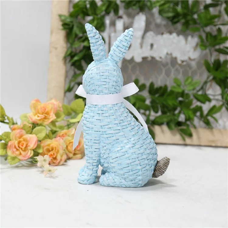 Rattan Effect Resin Rabbit with Bowknot Home Garden Children Room Ornament - Blue Sitting Position
