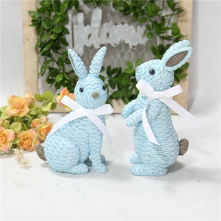 Rattan Effect Resin Rabbit with Bowknot Home Garden Children Room Ornament - Blue Sitting Position