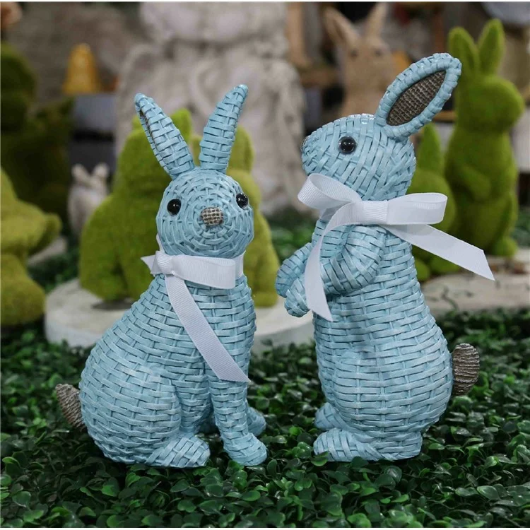 Rattan Effect Resin Rabbit with Bowknot Home Garden Children Room Ornament - Blue Sitting Position