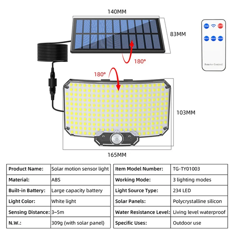 TY01003 Solar Wall Light 234 LED Outdoor Motion Sensor Security Lamp for Yard Pathway Garage
