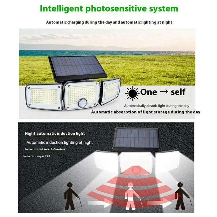 TY10305 Lampe murale solaire à 3 têtes avec 280 LED, IP44 étanche, détecteur de mouvement extérieur