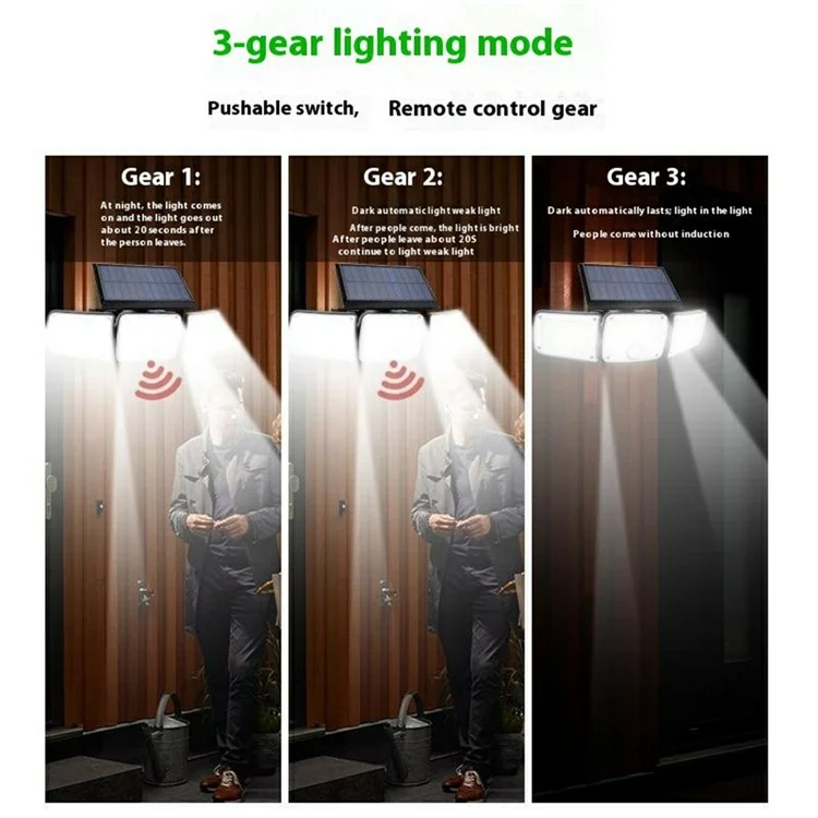 TY10305 Lampe murale solaire à 3 têtes avec 280 LED, IP44 étanche, détecteur de mouvement extérieur