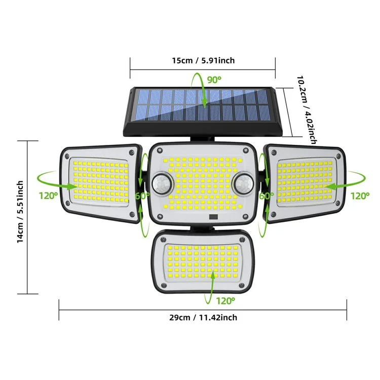 TY10312 4 Heads Solar Outdoor Wall Light 342 LED Motion Sensor Lamp for Garden Yard Pathway