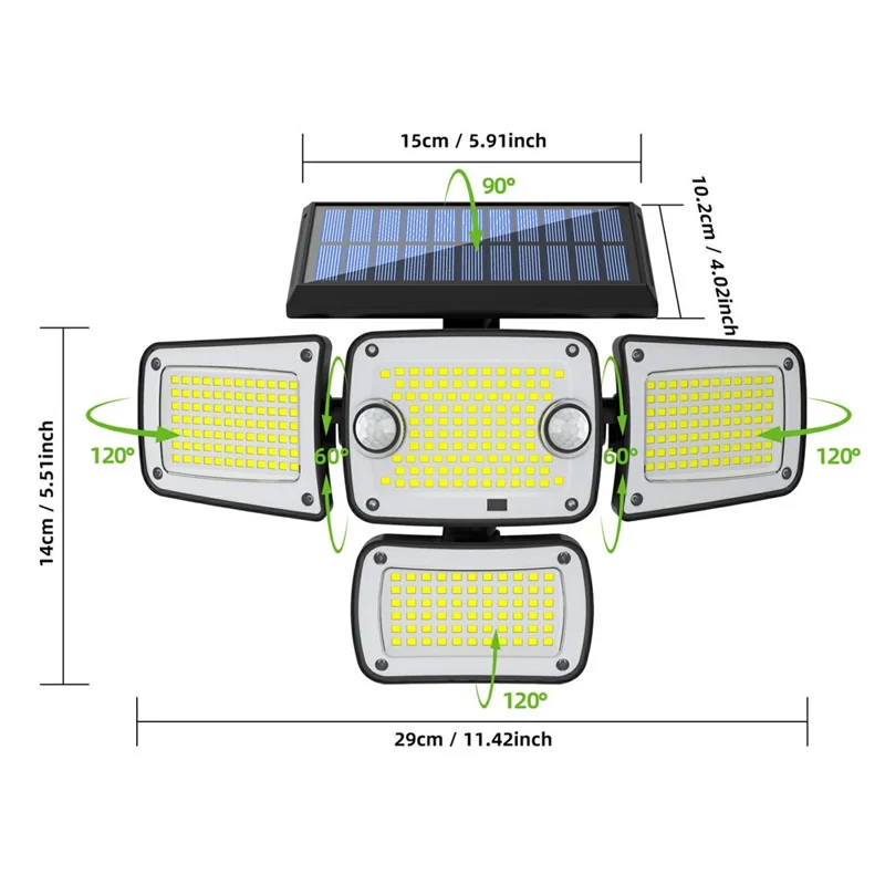 TY10312 2Pcs 4 Heads Solar Outdoor Wall Light 342 LED Motion Sensor Lamp for Garden Yard Pathway
