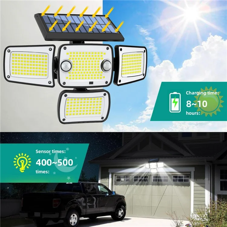 TY10313 Split Type 4 Heads Solar Outdoor Wall Light 342 LED Motion Sensor Lamp for Garden Yard Pathway