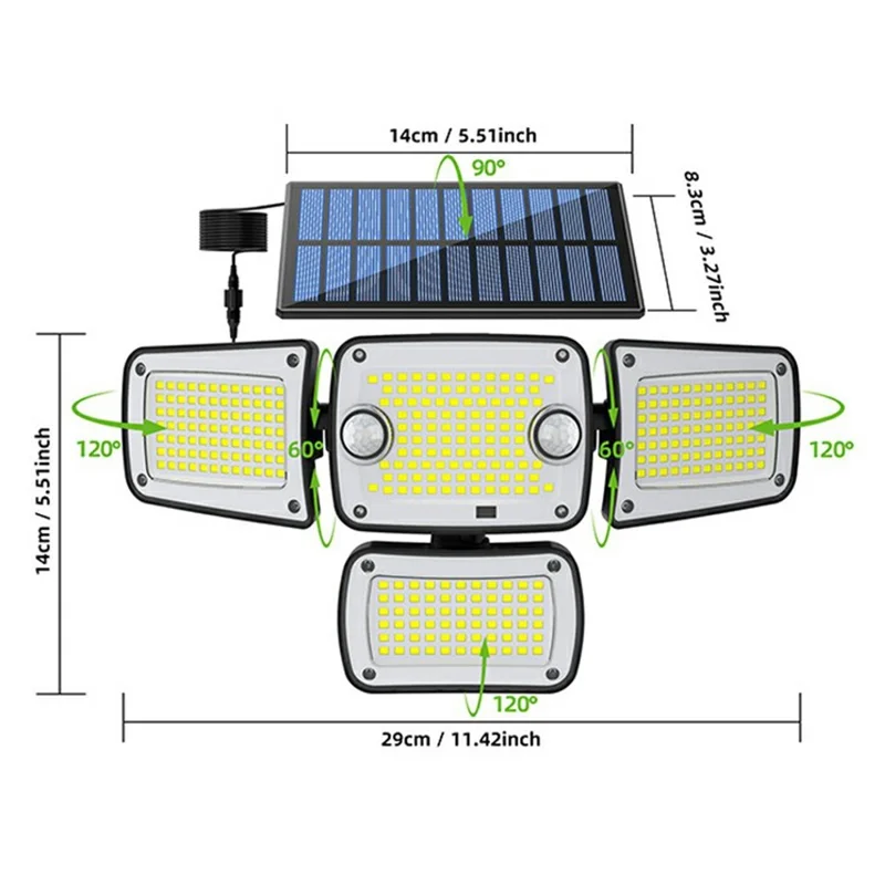 TY10313 Split Type 4 Heads Solar Outdoor Wall Light 342 LED Motion Sensor Lamp for Garden Yard Pathway