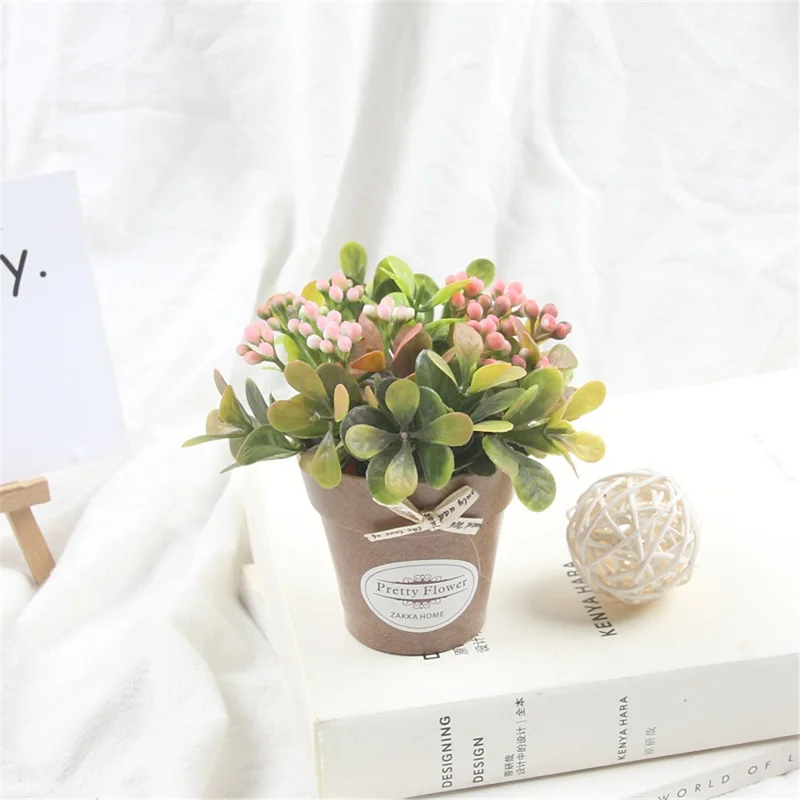 Artificial Flower Small Bonsai Plastic Fake Plant Floral Decoration Desktop Ornament - Pink