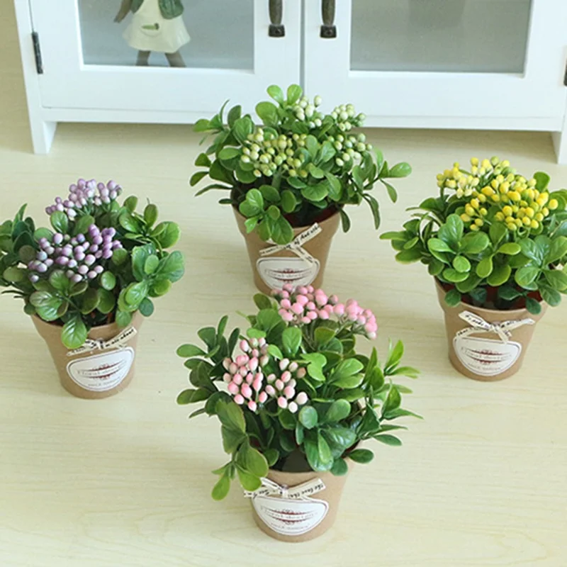 Artificial Flower Small Bonsai Plastic Fake Plant Floral Decoration Desktop Ornament - Pink