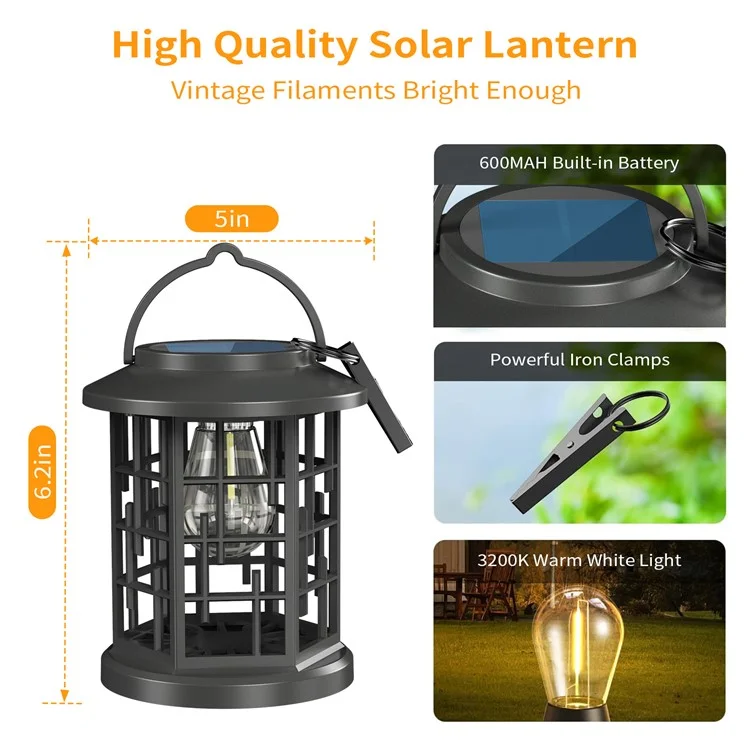 YY-91008B1 Solar Lantern Tungsten Filament Bulb Design IP65 Waterproof 2800-3200K Outdoor Hanging Lamp