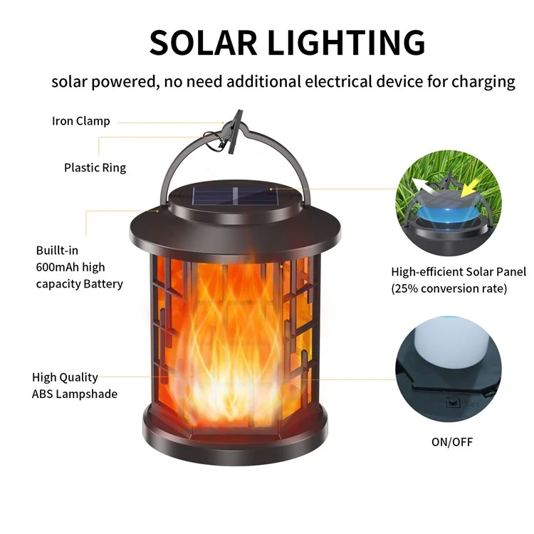YY-91008B Hanging Solar Lights Lantern IP65 Waterproof Outdoor Flickering Flames Lantern for Yard Garden
