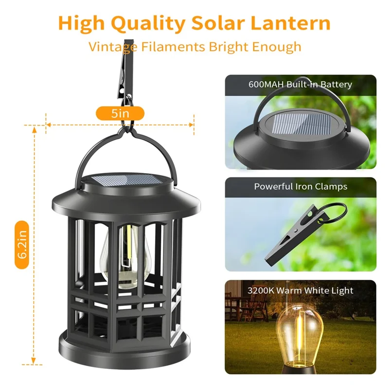Lanternas Solares YY-91008C1 com Lâmpada de 2800-3200K, Filamento de Tungstênio, IP65 à Prova d'Água para Pendurar em Ambientes Externos