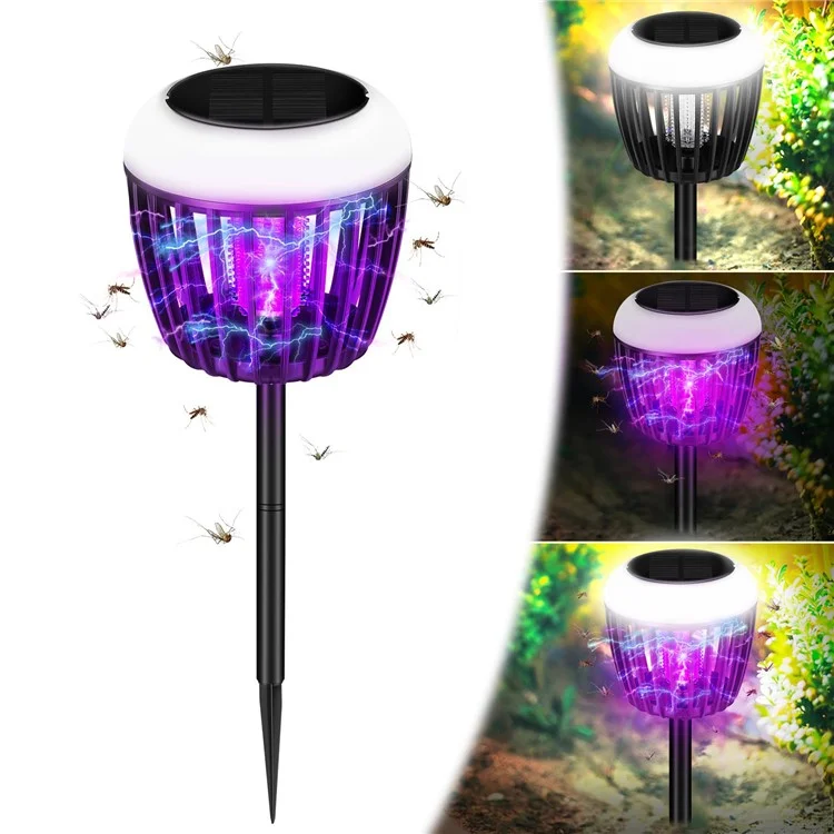 HP-2407 Blanc + Violet Lampe Anti-Moustiques à Double Éclairage Alimentée par Énergie Solaire pour Extérieur