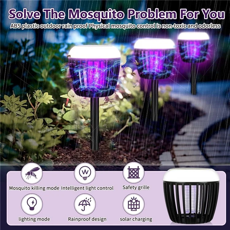 HP-2407 Blanc + Violet Lampe Anti-Moustiques à Double Éclairage Alimentée par Énergie Solaire pour Extérieur