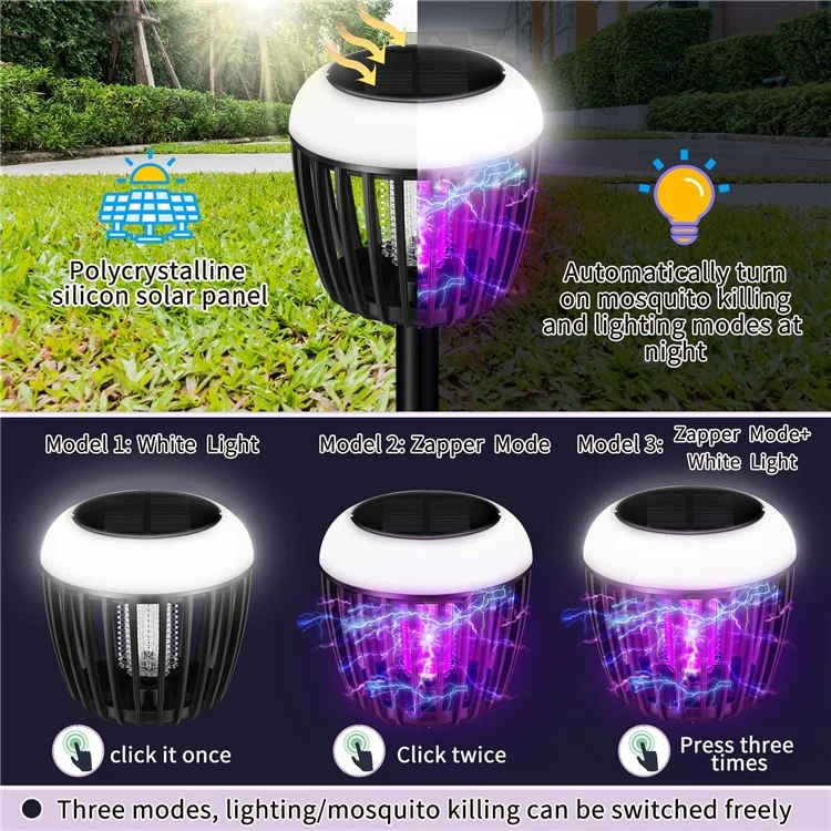 HP-2407 Blanc + Violet Lampe Anti-Moustiques à Double Éclairage Alimentée par Énergie Solaire pour Extérieur