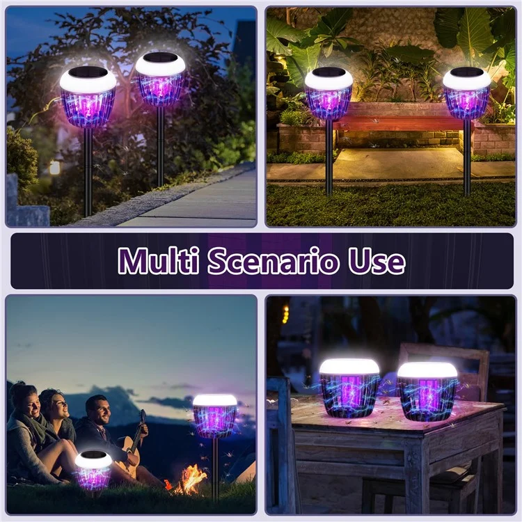 HP-2407 Blanc + Violet Lampe Anti-Moustiques à Double Éclairage Alimentée par Énergie Solaire pour Extérieur