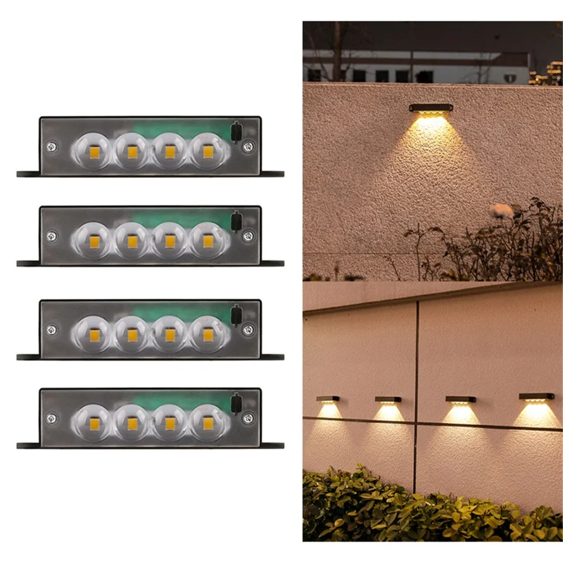 4PCS 4LED Outdoor Solar Wall Lamp Waterproof Landscape Automatic Lighting for Garden Patio Fence - Warm Light