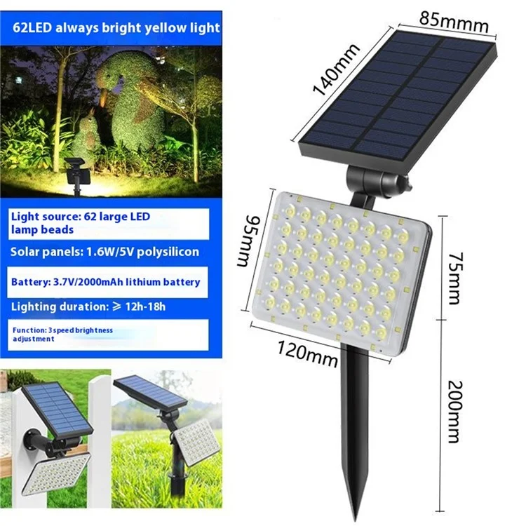 Luz de Jardín Solar con Pica de 62 LED, Lámpara de Césped con 3 Modos, Ajustable, Impermeable para Paisajismo Exterior - Luz Cálida