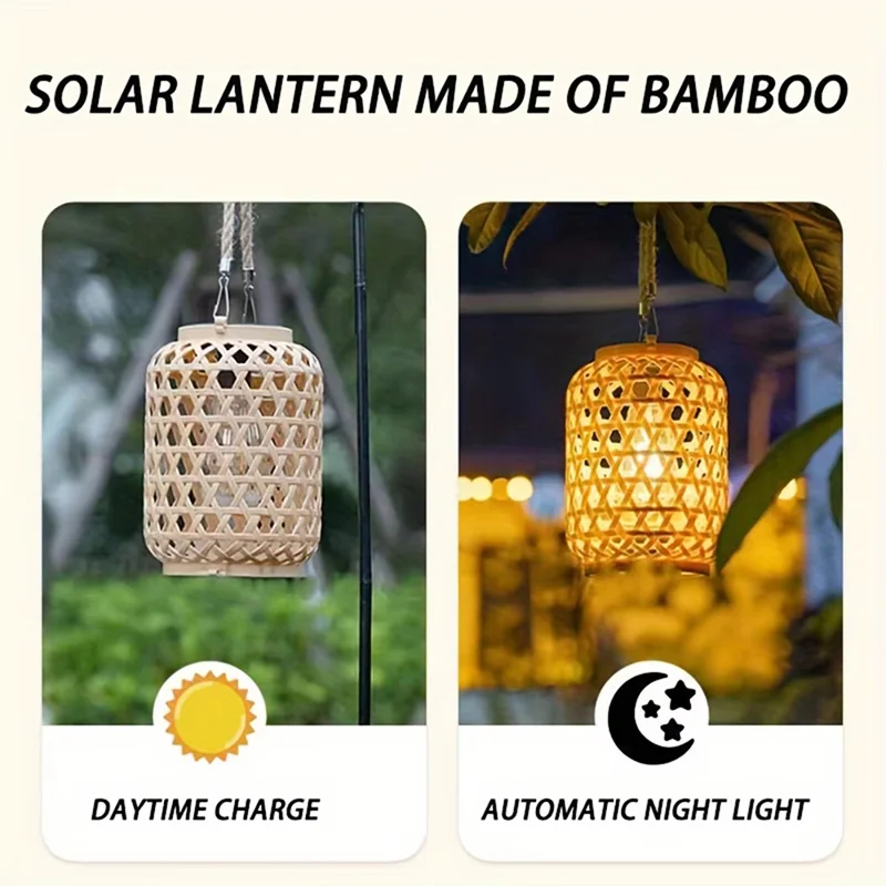 Outdoor Solar Lantern Chinese Style Imitation Rattan Handwoven Garden Hanging Light Patio Decor