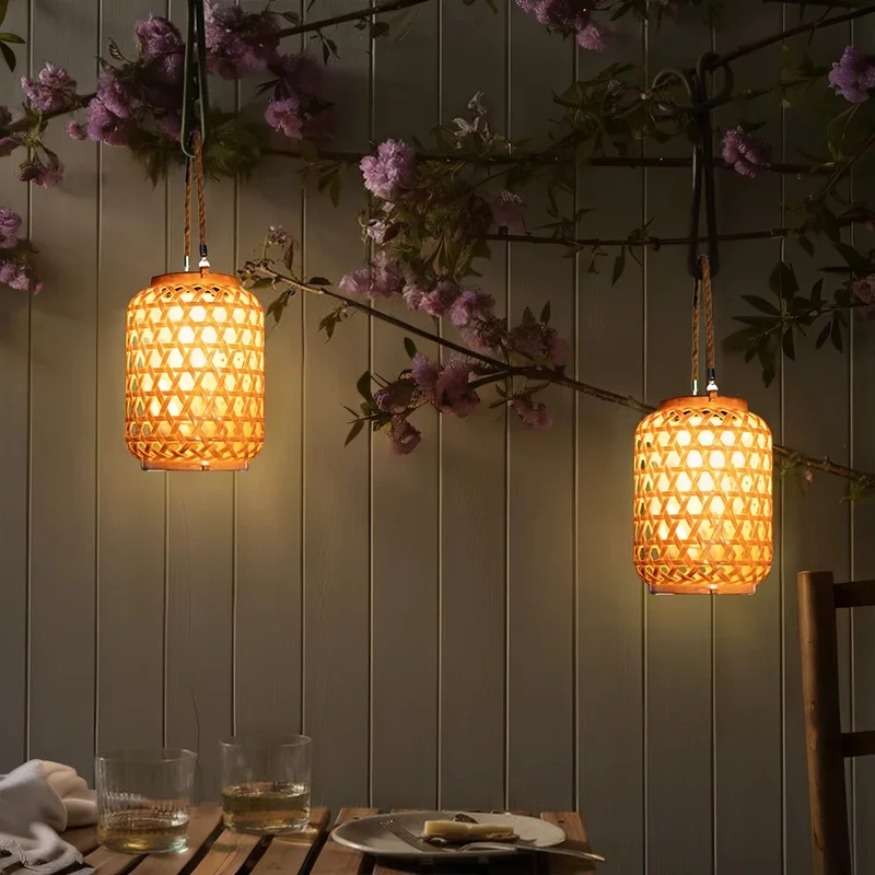 Outdoor Solar Lantern Chinese Style Imitation Rattan Handwoven Garden Hanging Light Patio Decor