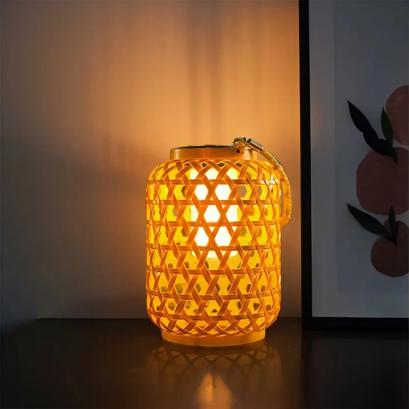 Outdoor Solar Lantern Chinese Style Imitation Rattan Handwoven Garden Hanging Light Patio Decor