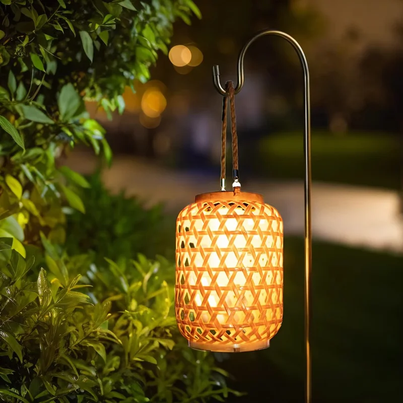 Outdoor Solar Lantern Chinese Style Imitation Rattan Handwoven Garden Hanging Light Patio Decor