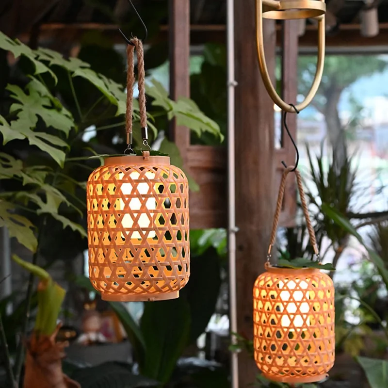 Outdoor Solar Lantern Chinese Style Imitation Rattan Handwoven Garden Hanging Light Patio Decor
