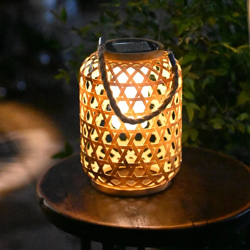 Outdoor Solar Lantern Chinese Style Imitation Rattan Handwoven Garden Hanging Light Patio Decor
