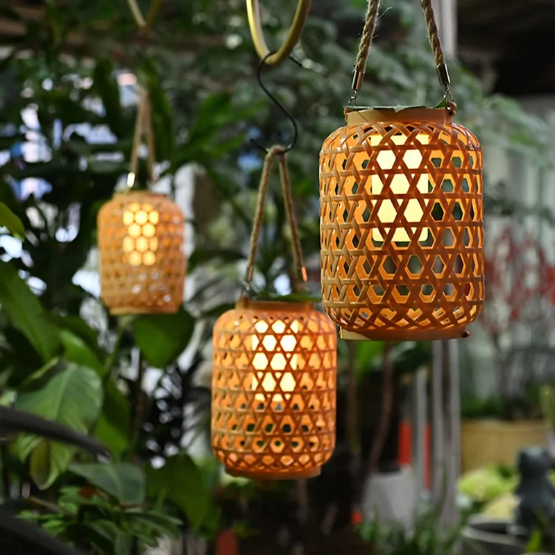 Outdoor Solar Lantern Chinese Style Imitation Rattan Handwoven Garden Hanging Light Patio Decor