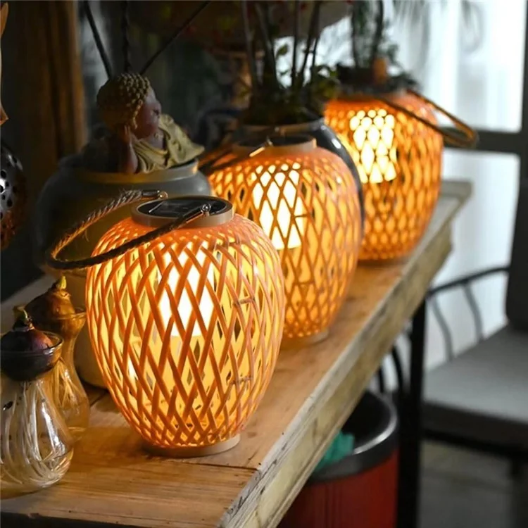 IP67 Waterproof Outdoor Solar Lantern Chinese Style Imitation Rattan Handwoven Garden Hanging Light