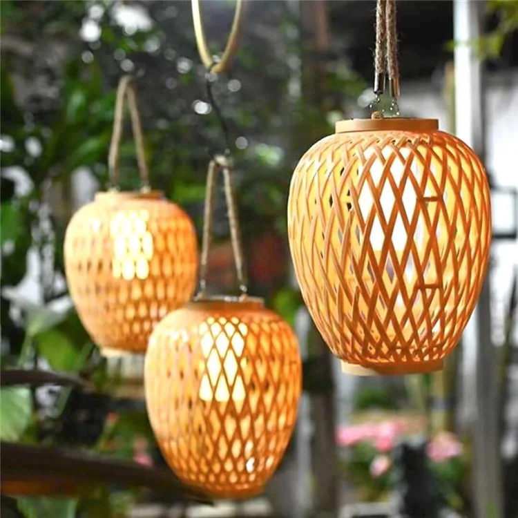 IP67 Waterproof Outdoor Solar Lantern Chinese Style Imitation Rattan Handwoven Garden Hanging Light