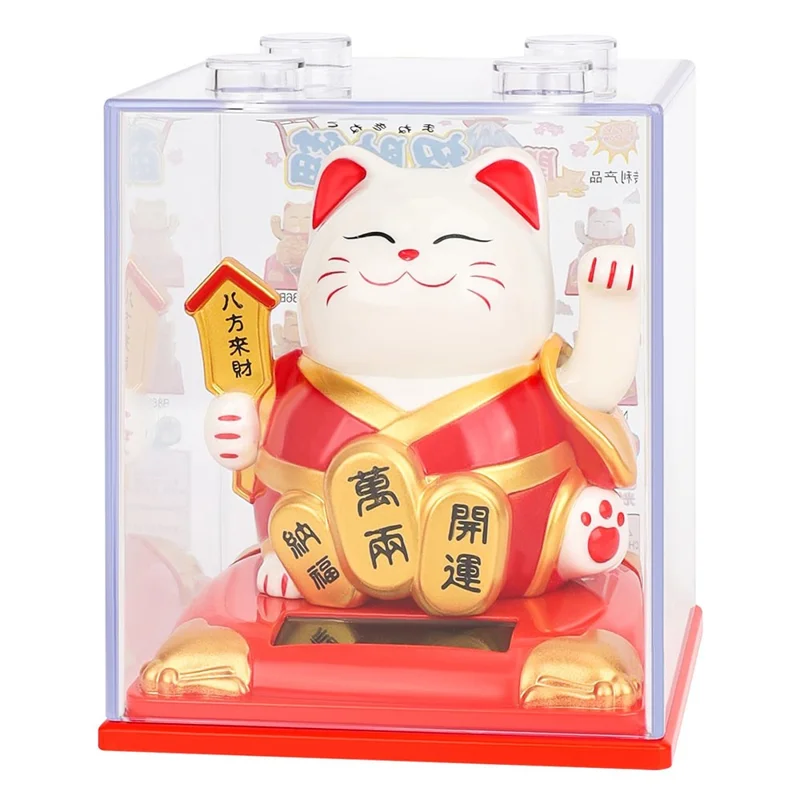 Solar Powered Lucky Cat Figurine Waving Arm Car Dashboard Home Decoration Creative Gift, L Size - 337A / White