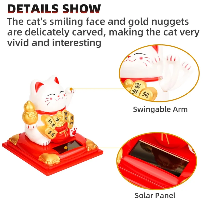 Solar Powered Lucky Cat Figurine Waving Arm Car Dashboard Home Decoration Creative Gift, L Size - 337A / White