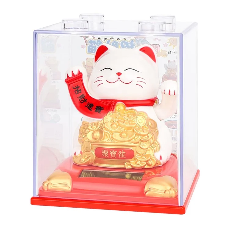 Solar Powered Lucky Cat Figurine Waving Arm Car Dashboard Home Decoration Creative Gift,  M Size - Treasure Bowl / White