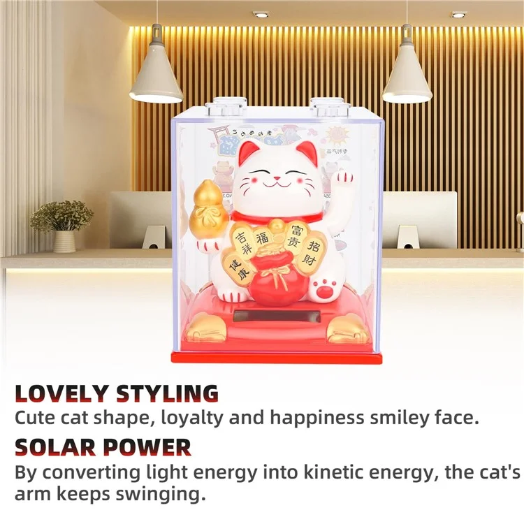 Solar Powered Lucky Cat Figurine Waving Arm Car Dashboard Home Decoration Creative Gift,  M Size - Treasure Bowl / White
