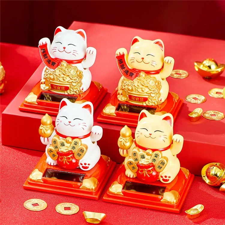 Solar Powered Lucky Cat Figurine Waving Arm Car Dashboard Home Decoration Creative Gift,  M Size - Treasure Bowl / White