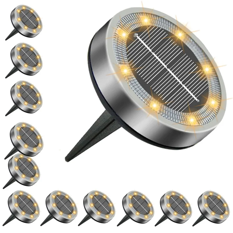 12Pcs 8 LED Solar Ground Lights Waterproof Garden Stainless Steel Lawn Stake Lamps Auto On-Off - Warm White Light