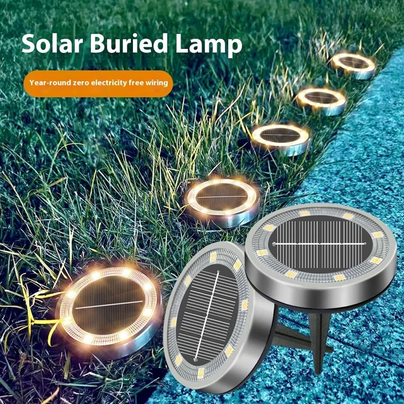 12Pcs 8 LED Solar Ground Lights Waterproof Garden Stainless Steel Lawn Stake Lamps Auto On-Off - Warm White Light