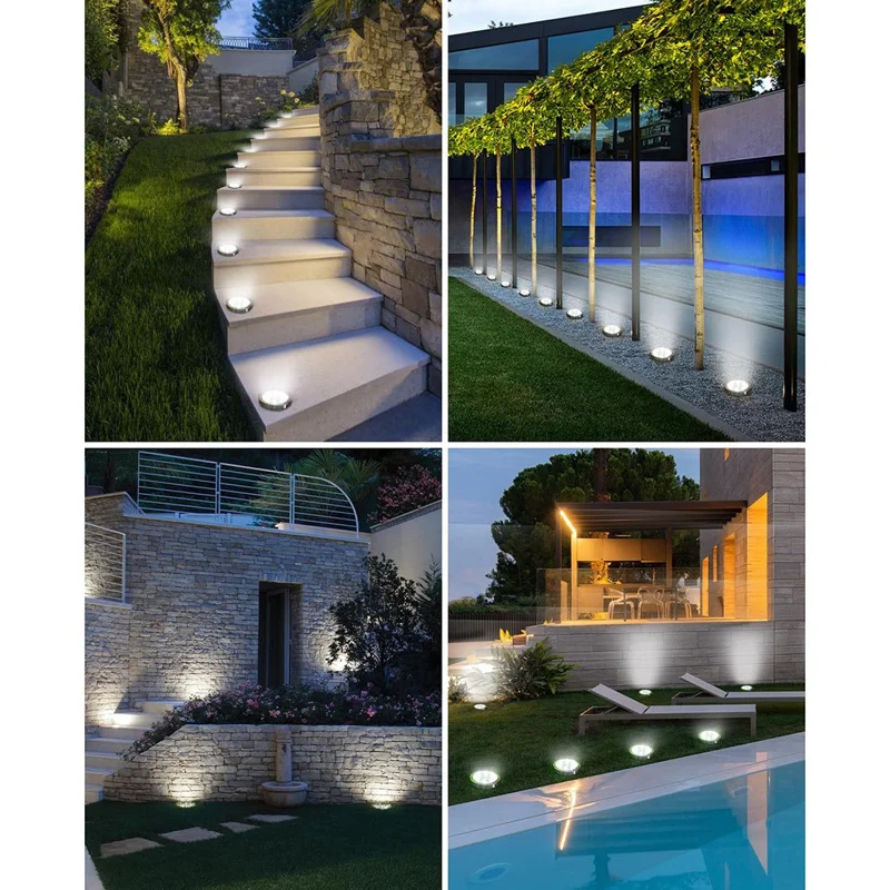12Pcs 8 LED Solar Ground Lights Waterproof Garden Stainless Steel Lawn Stake Lamps Auto On-Off - Warm White Light