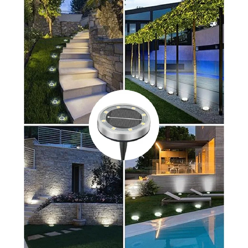 12Pcs 8 LED Solar Ground Lights Waterproof Garden Stainless Steel Lawn Stake Lamps Auto On-Off - Warm White Light