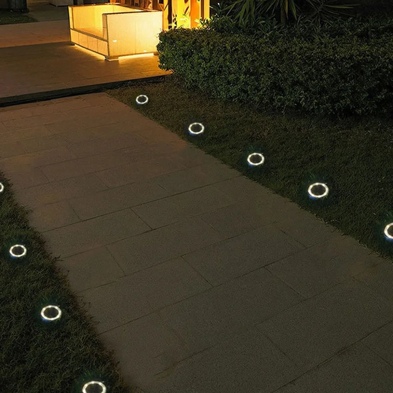 12Pcs 8 LED Solar Ground Lights Waterproof Garden Stainless Steel Lawn Stake Lamps Auto On-Off - Warm White Light