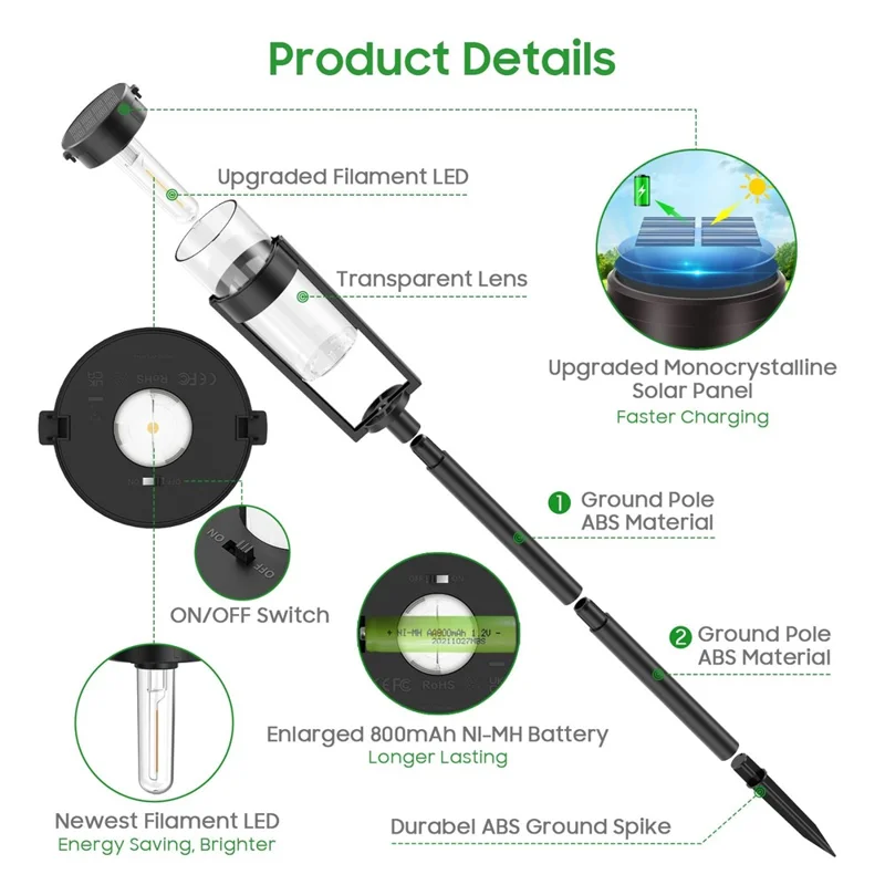 Y246 8Pcs Solar Powered Lawn Lights Outdoor Waterproof Tungsten Filament Garden Landscape Lamp