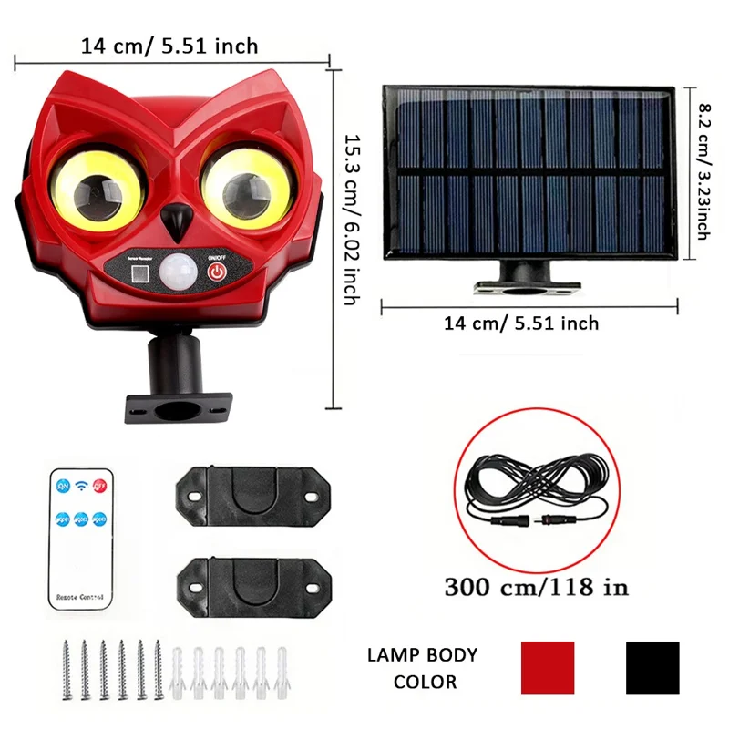 Owl Shape Solar Powered Wall Light for Patio Yard Waterproof Outdoor Garden Motion Sensor Lamp - 2 COB+52 LED / Red