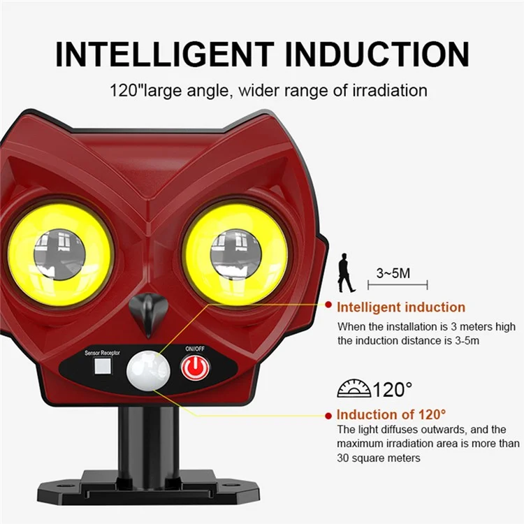 Owl Shape Solar Powered Wall Light for Patio Yard Waterproof Outdoor Garden Motion Sensor Lamp - 2 COB+52 LED / Red