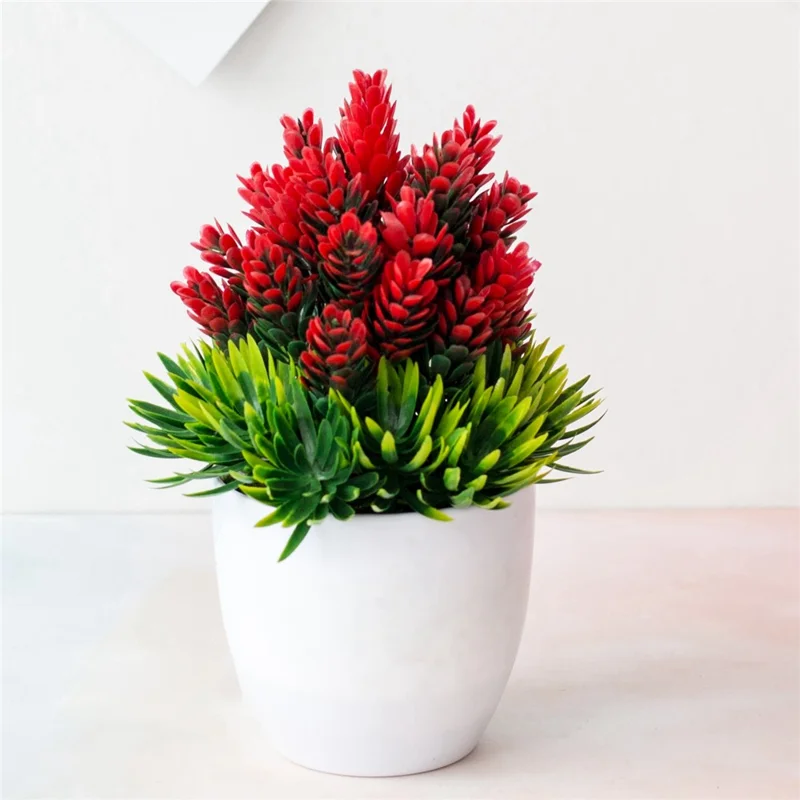 Artificial Plastic Potted Plant Ornament Realistic Bonsai Office Living Room Home Decor - Red