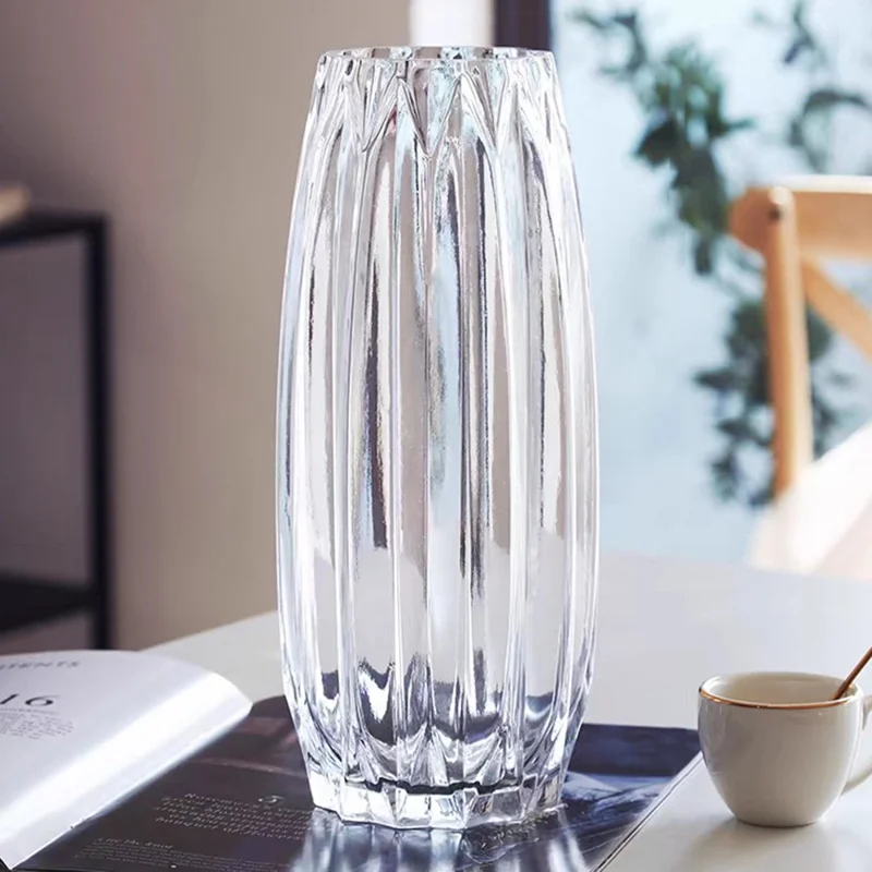 Vertical Ribbed Glass Vase Modern Living Room Water Planting Floral Arrangement Decor Flower Holder - Transparent